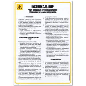INSTRUKCJA BHP PRZY OBSŁUDZE PODNOŚNIKA SAMOCHODOWEGO tablica BHP 350x245mm