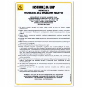 INSTRUKCJA BHP OBCHODZENIA SIĘ Z NARZĘDZIAMI RĘCZNYMI tablica BHP 350x245mm