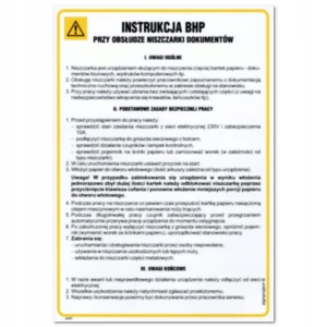 INSTRUKCJA BHP PRZY OBSŁUDZE NISZCZARKI DOKUMENTÓW tablica BHP 350x245mm