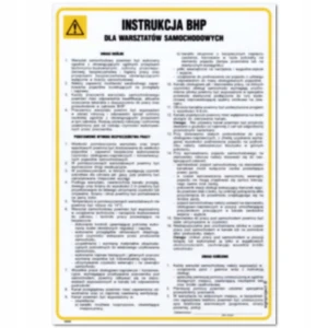INSTRUKCJA BHP DLA WARSZTATÓW SAMOCHODOWYCH tabliczka BHP 350x245mm