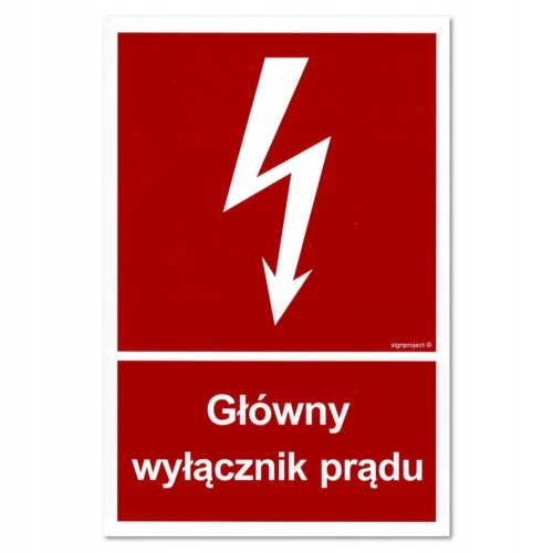 GŁÓWNY WYŁĄCZNIK PRĄDU tabliczka PVC znak BHP płyta twarda 150x222mm