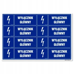 WYŁĄCZNIK GŁÓWNY naklejka 100x33mm znak BHP arkusz 8szt