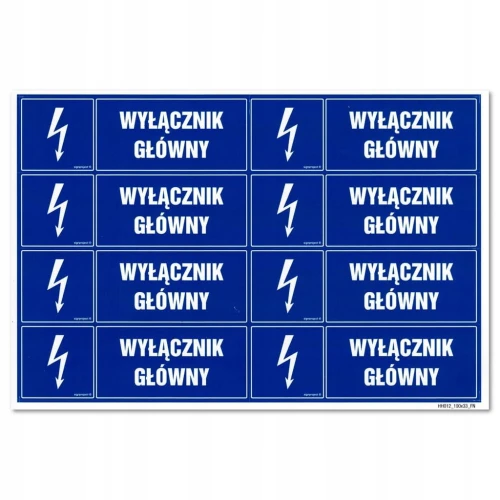 WYŁĄCZNIK GŁÓWNY naklejka 100x33mm znak BHP arkusz 8szt