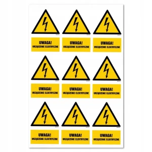 UWAGA! URZĄDZENIE ELEKTRYCZNE naklejka 50x75mm znak BHP arkusz 9szt
