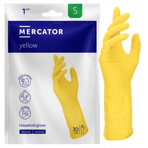 RĘKAWICE lateksowe gospodarcze BEZPUDROWE MERCATOR YELLOW żółte S 1 para