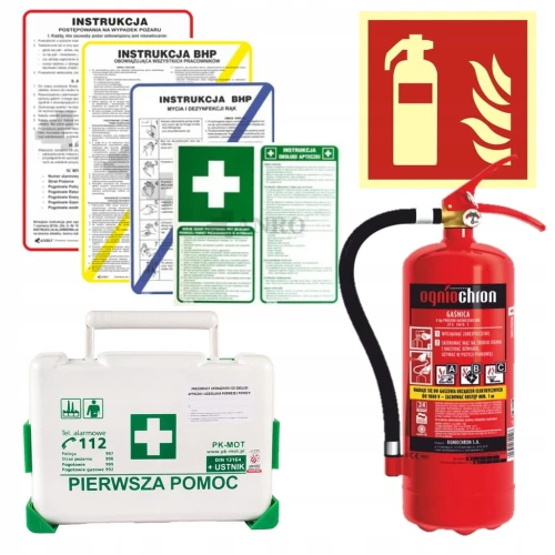ZESTAW ŚREDNI DO FIRM: INSTRUKCJE BHP, APTECZKA BD, GAŚNICA 4KG, ZNAK GAŚNICA