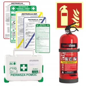 ZESTAW MAŁY DO FIRM: INSTRUKCJE BHP, APTECZKA BD, GAŚNICA 2KG, ZNAK GAŚNICA