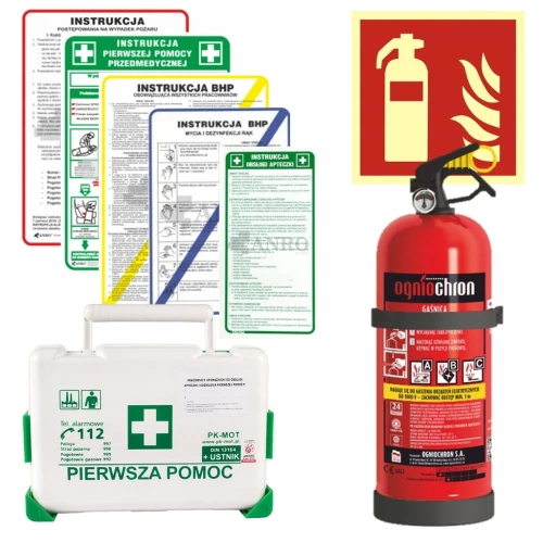 ZESTAW MAŁY DO FIRM: INSTRUKCJE BHP, APTECZKA BD, GAŚNICA 2KG, ZNAK GAŚNICA