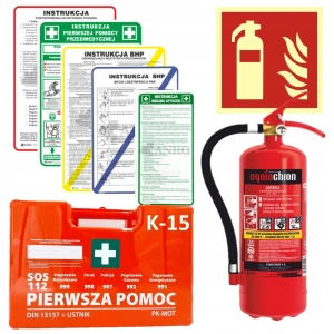 ZESTAW DUŻY DO FIRM INSTRUKCJE BHP, APTECZKA K15, GAŚNICA 4KG, ZNAK GAŚNICA