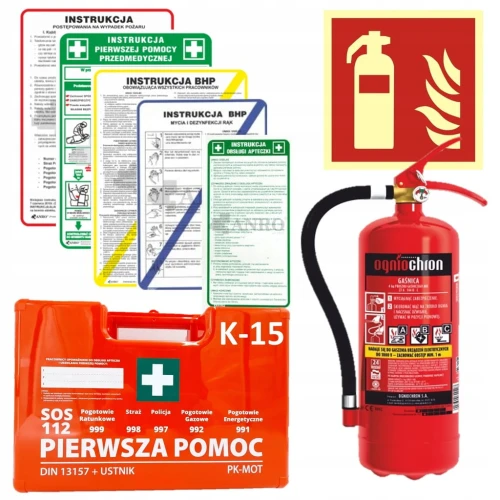 ZESTAW DUŻY DO FIRM INSTRUKCJE BHP, APTECZKA K15, GAŚNICA 4KG, ZNAK GAŚNICA