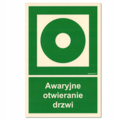 AWARYJNE OTWIERANIE DRZWI tabliczka PVC fotoluminescencyjna 100x150mm